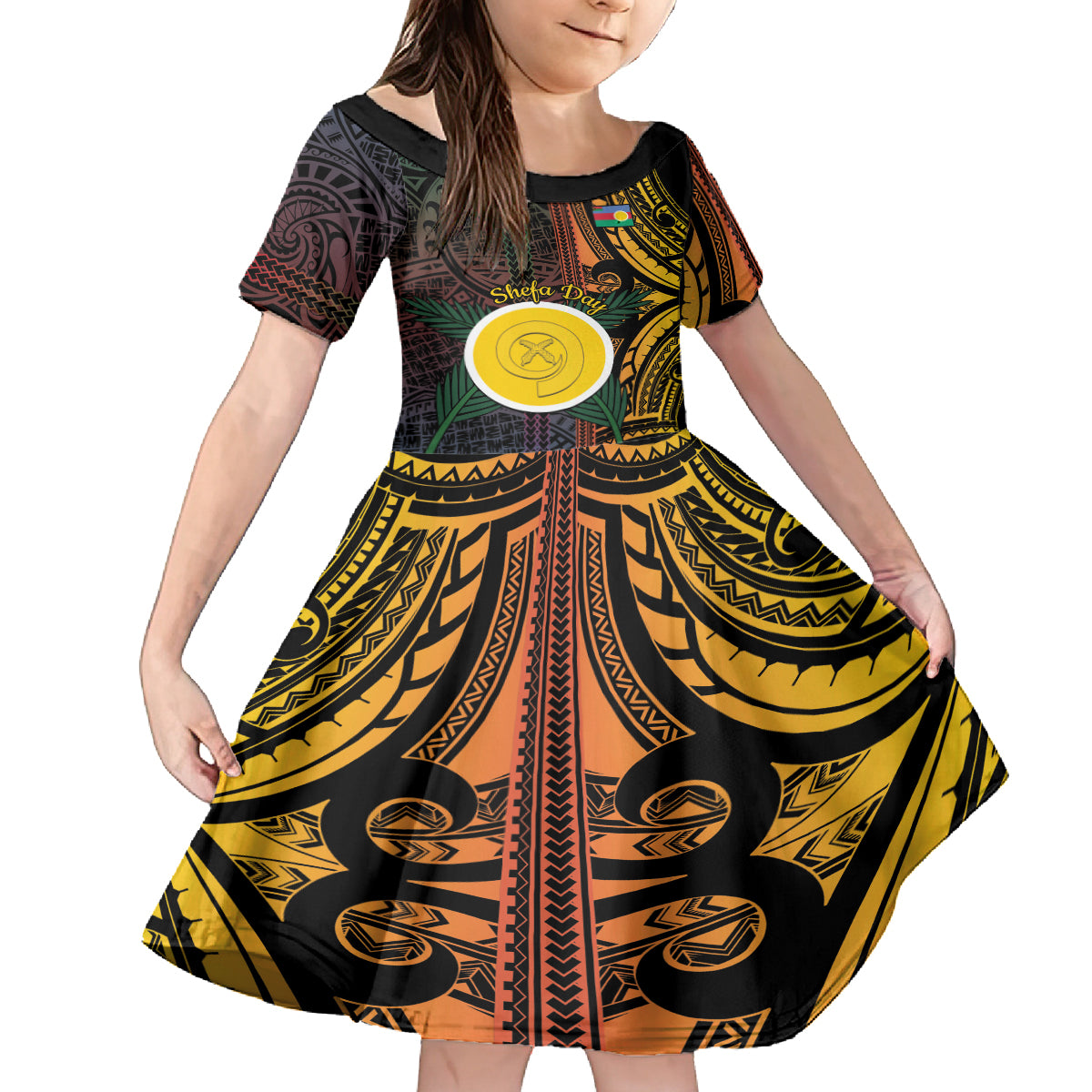 Personalised Shefa Day Family Matching Off Shoulder Short Dress and Hawaiian Shirt Happy June 18 Vanuatu Province LT14 Daughter's Dress Black - Polynesian Pride