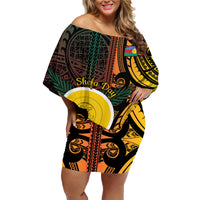 Personalised Shefa Day Family Matching Off Shoulder Short Dress and Hawaiian Shirt Happy June 18 Vanuatu Province LT14 Mom's Dress Black - Polynesian Pride