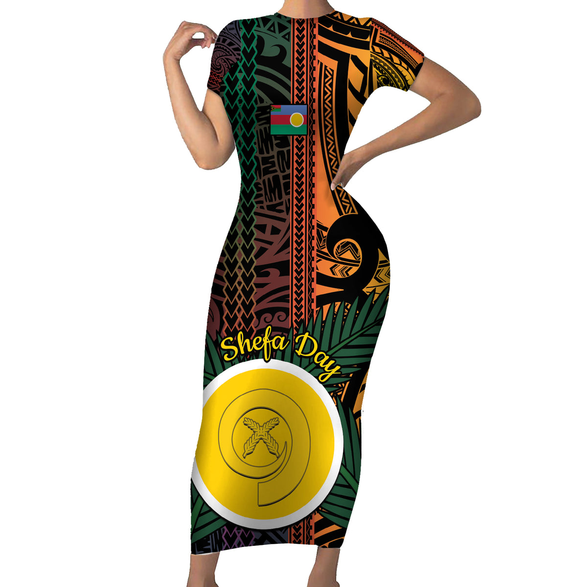 Personalised Shefa Day Family Matching Short Sleeve Bodycon Dress and Hawaiian Shirt Happy June 18 Vanuatu Province LT14 Mom's Dress Black - Polynesian Pride