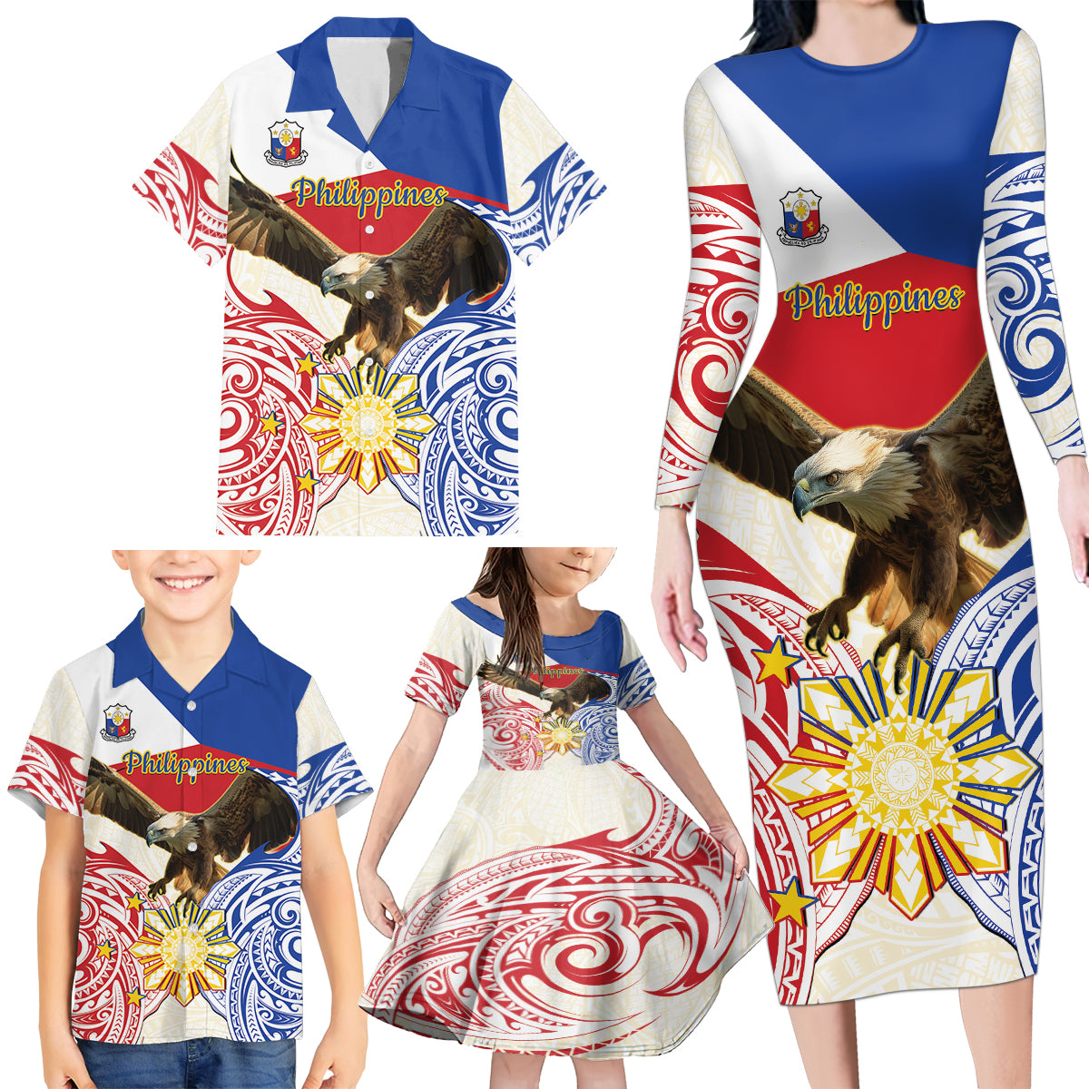 Philippines Independence Day Family Matching Long Sleeve Bodycon Dress and Hawaiian Shirt Pilipinas Eagle 126th Anniversary LT14 - Polynesian Pride