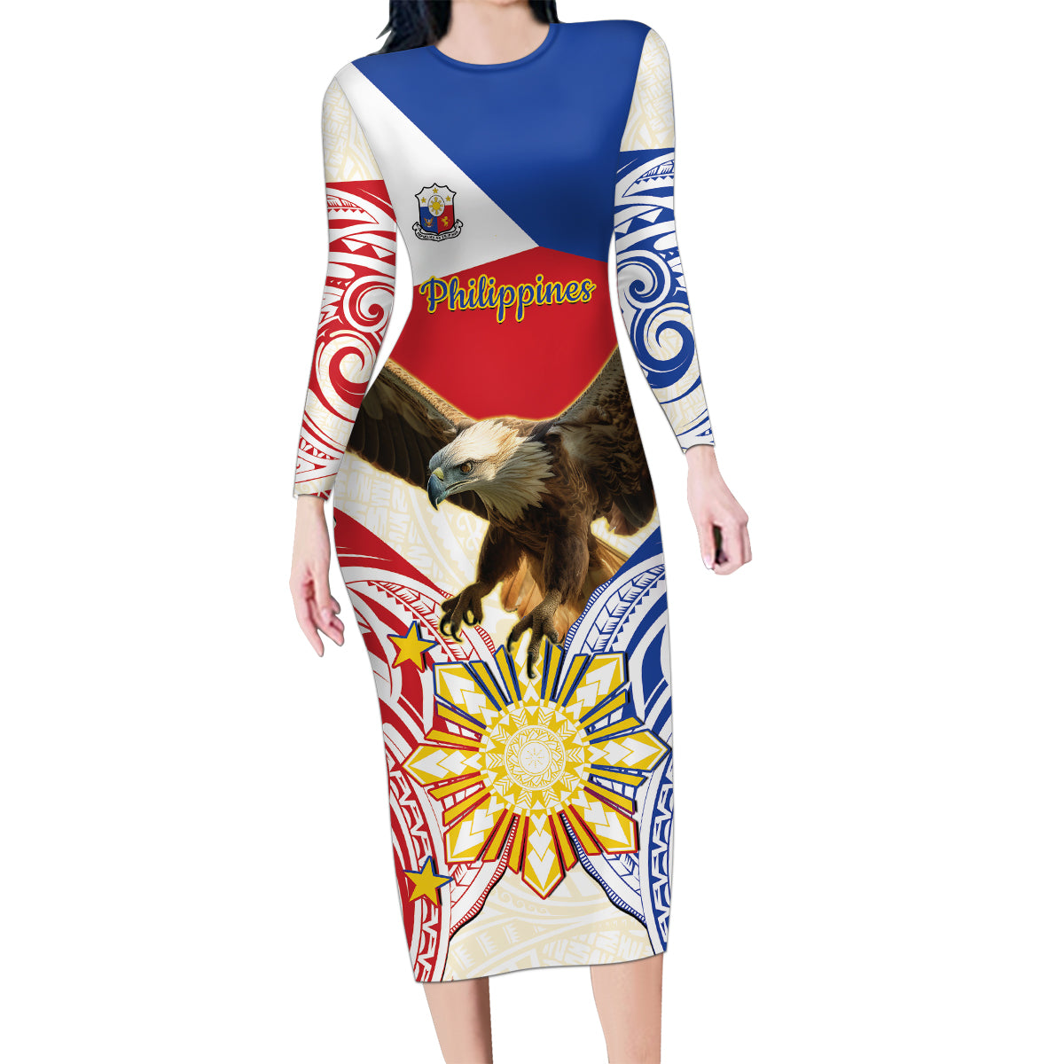 Philippines Independence Day Family Matching Long Sleeve Bodycon Dress and Hawaiian Shirt Pilipinas Eagle 126th Anniversary LT14 Mom's Dress Blue - Polynesian Pride