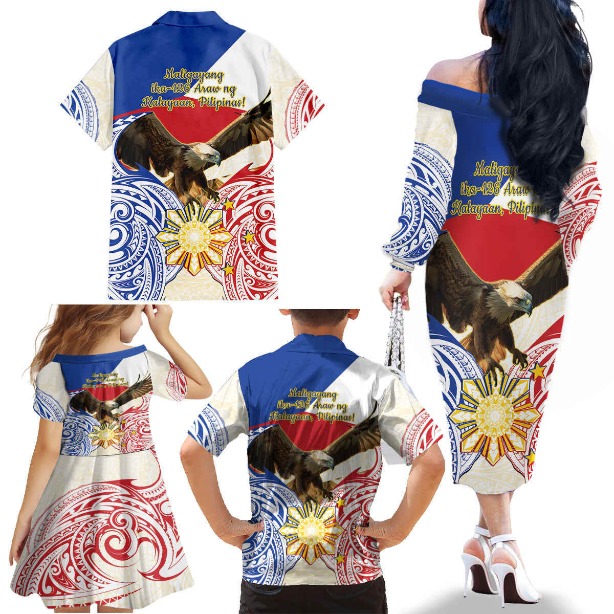 Philippines Independence Day Family Matching Off The Shoulder Long Sleeve Dress and Hawaiian Shirt Pilipinas Eagle 126th Anniversary LT14 - Polynesian Pride