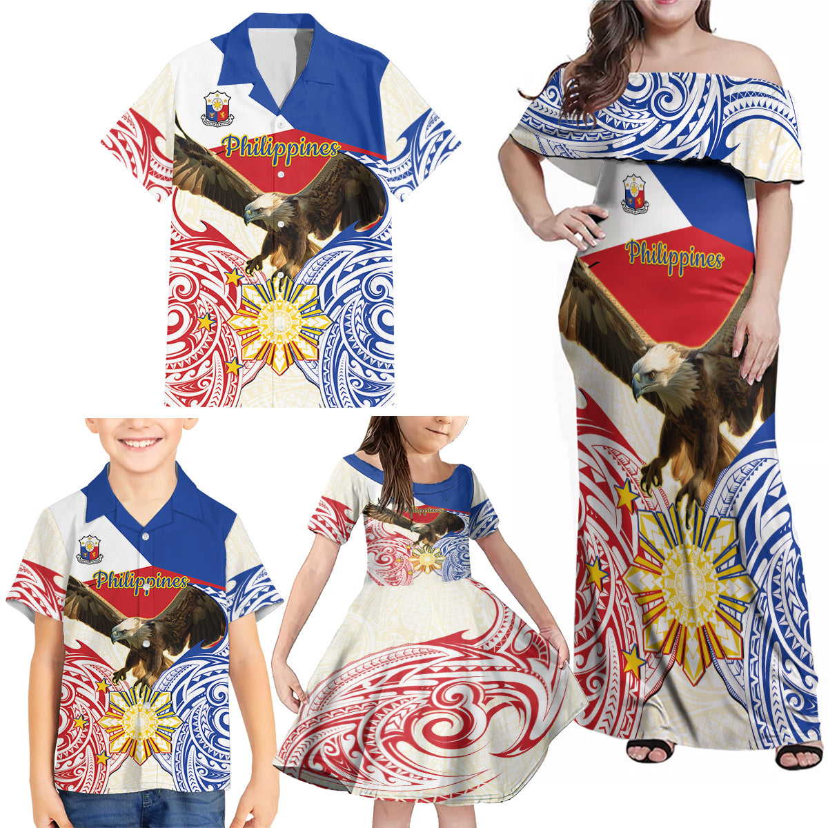 Philippines Independence Day Family Matching Off Shoulder Maxi Dress and Hawaiian Shirt Pilipinas Eagle 126th Anniversary LT14 - Polynesian Pride