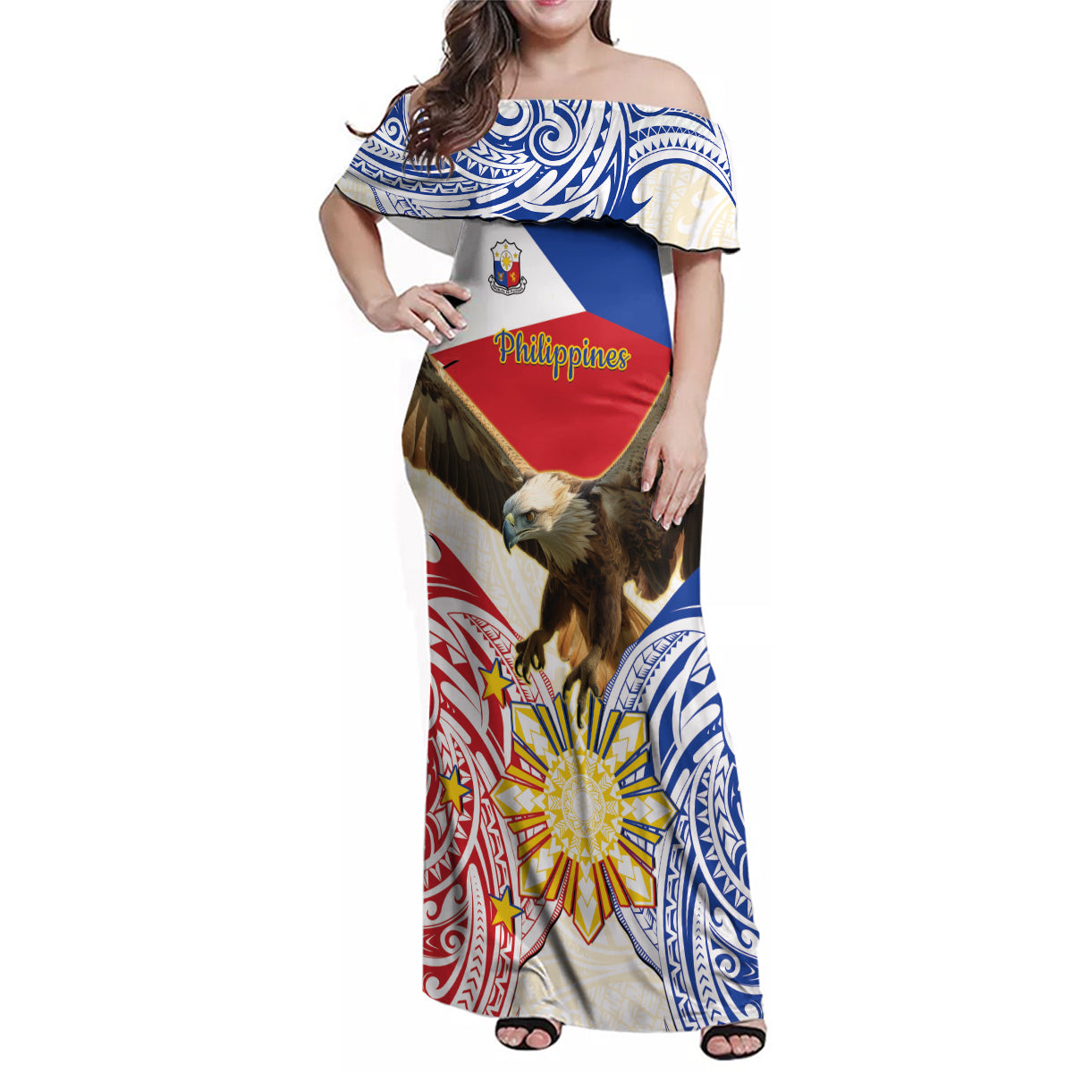 Philippines Independence Day Family Matching Off Shoulder Maxi Dress and Hawaiian Shirt Pilipinas Eagle 126th Anniversary LT14 Mom's Dress Blue - Polynesian Pride