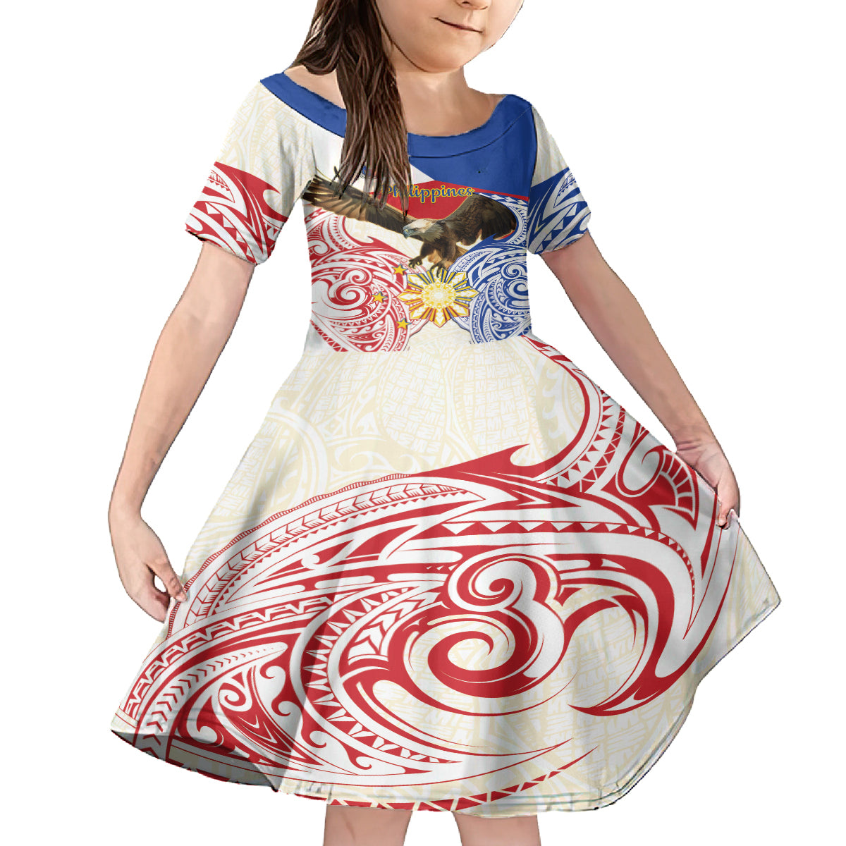 Philippines Independence Day Family Matching Summer Maxi Dress and Hawaiian Shirt Pilipinas Eagle 126th Anniversary LT14 Daughter's Dress Blue - Polynesian Pride
