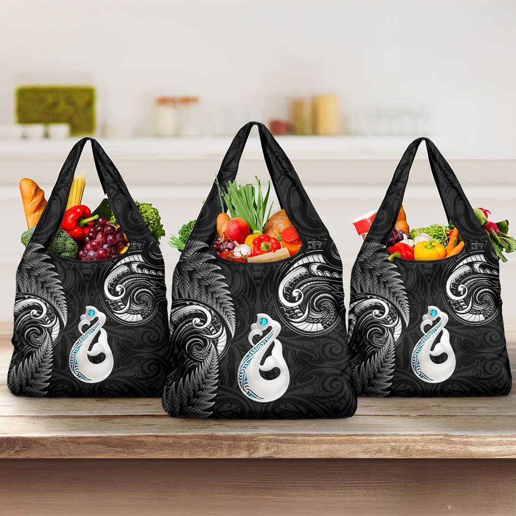 Black New Zealand Grocery Bag Aotearoa Silver Fern With Manaia Maori