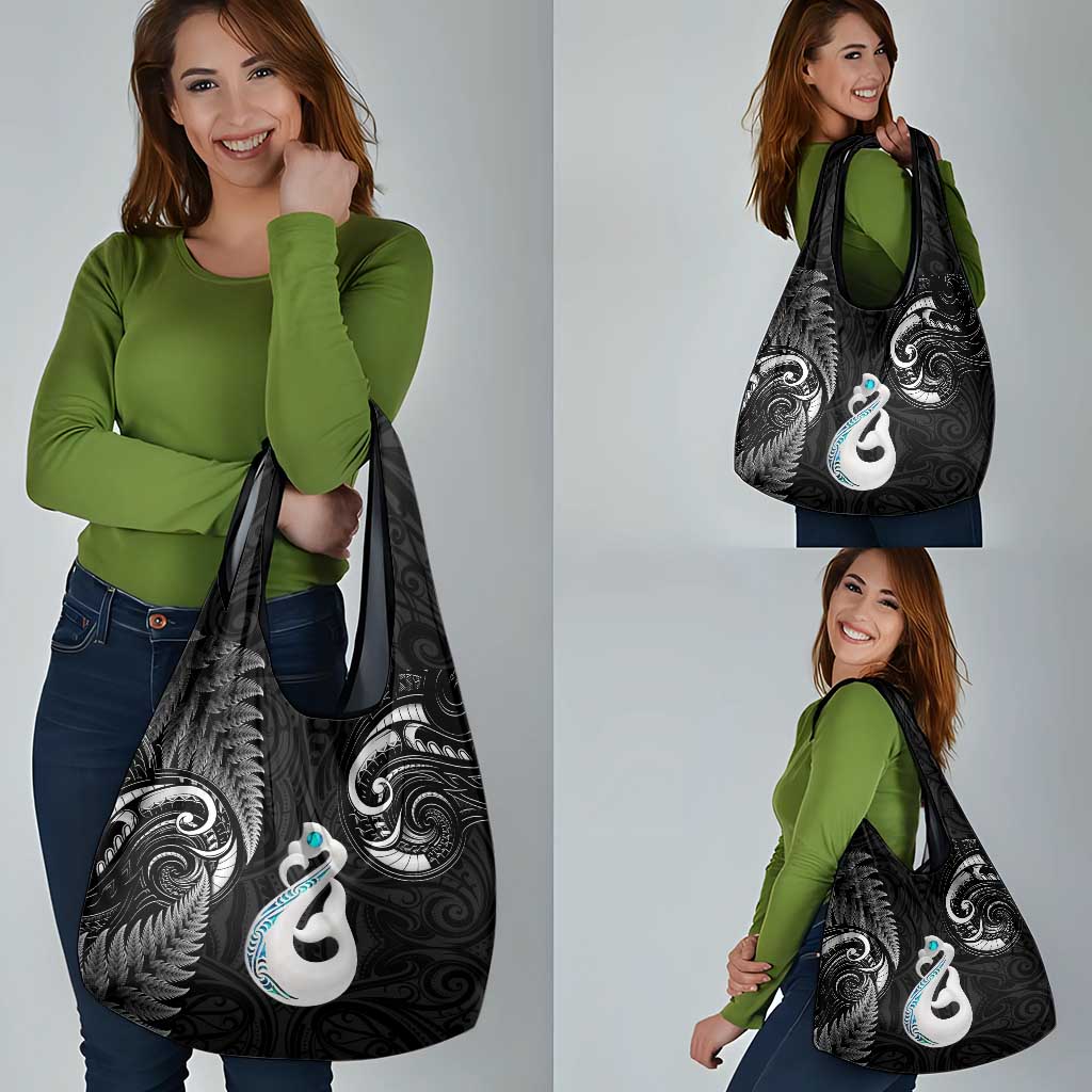 Black New Zealand Grocery Bag Aotearoa Silver Fern With Manaia Maori