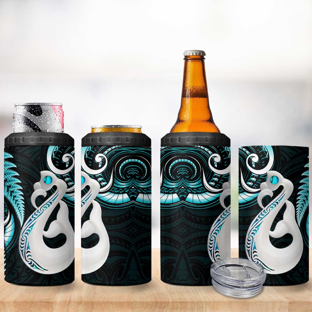 New Zealand 4 in 1 Can Cooler Tumbler Aotearoa Silver Fern With Manaia Maori Unique Turquoise LT14 - Polynesian Pride