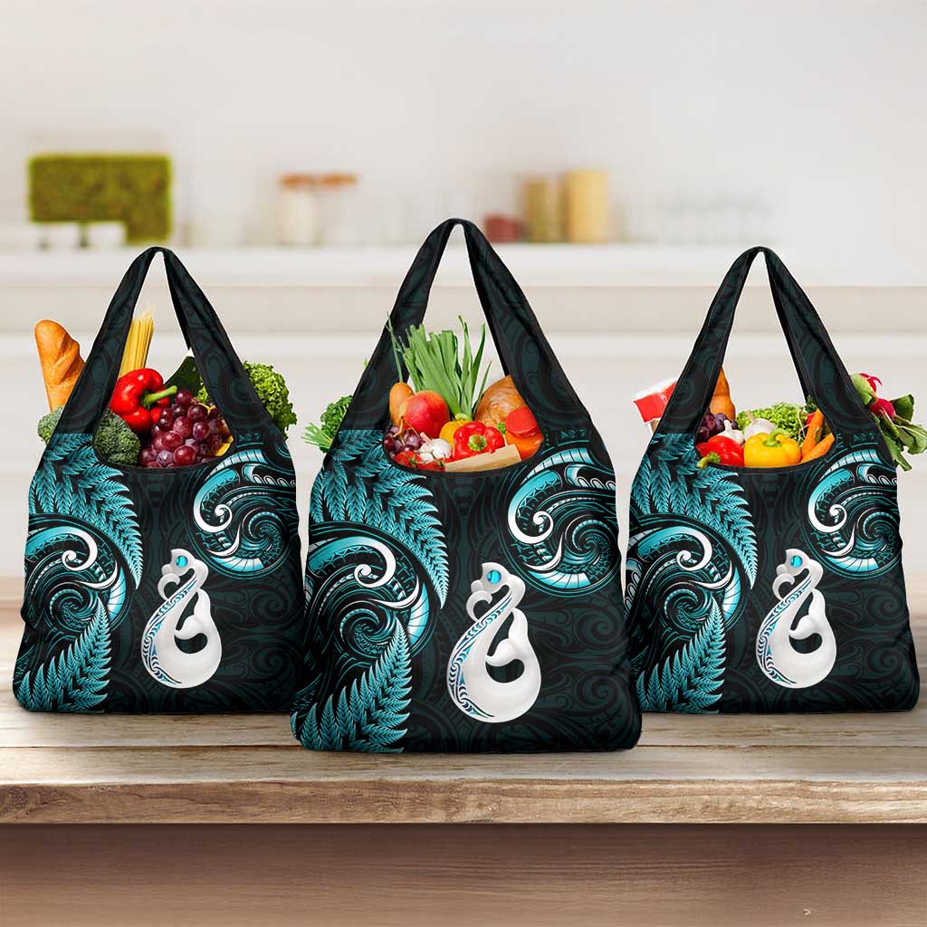 Turquoise New Zealand Grocery Bag Aotearoa Silver Fern With Manaia Maori LT14 3-pack One Size Turquoise - Polynesian Pride