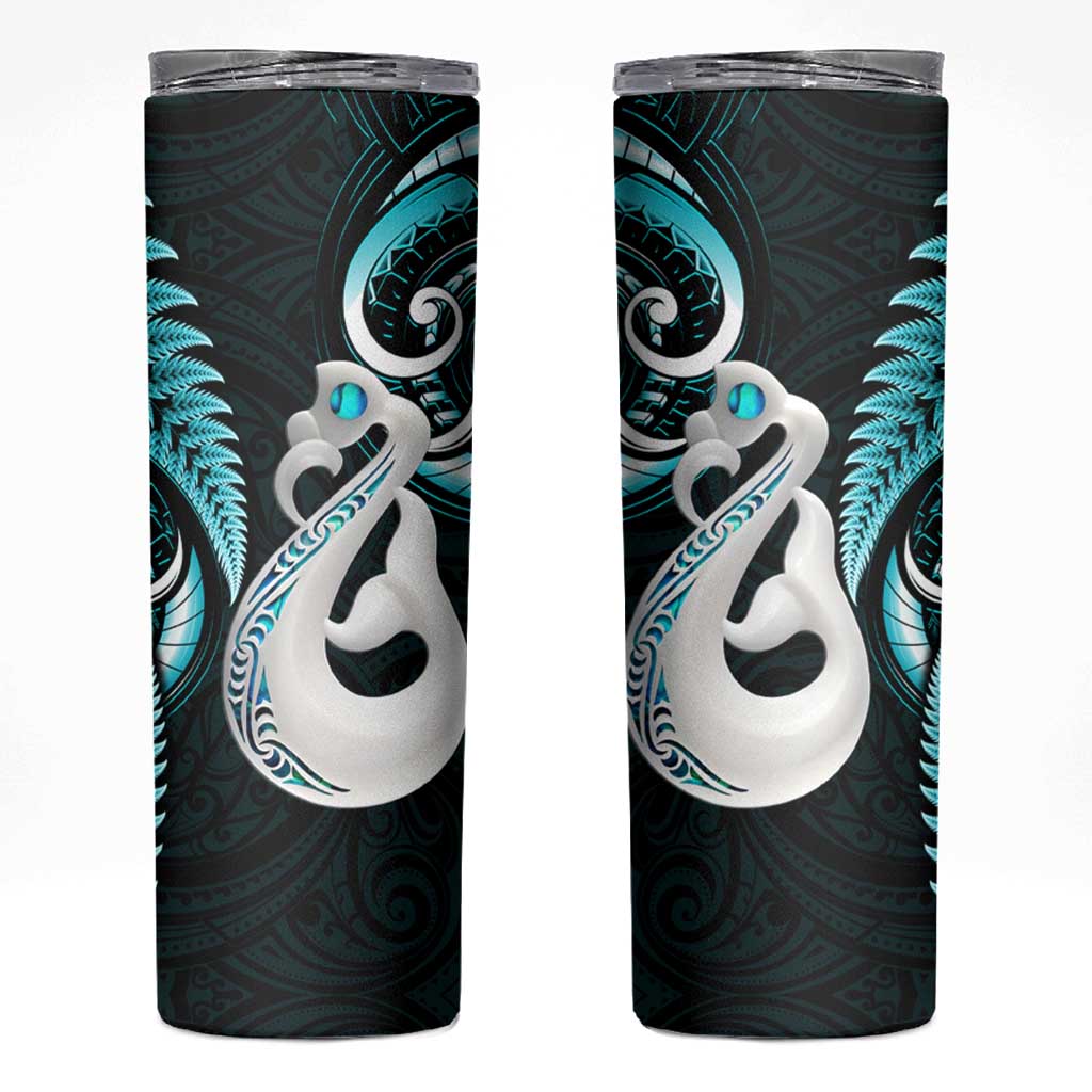 New Zealand Skinny Tumbler Aotearoa Silver Fern With Manaia Maori Unique Turquoise LT14 Turquoise - Polynesian Pride