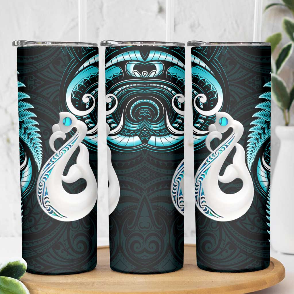 New Zealand Skinny Tumbler Aotearoa Silver Fern With Manaia Maori Unique Turquoise LT14 - Polynesian Pride