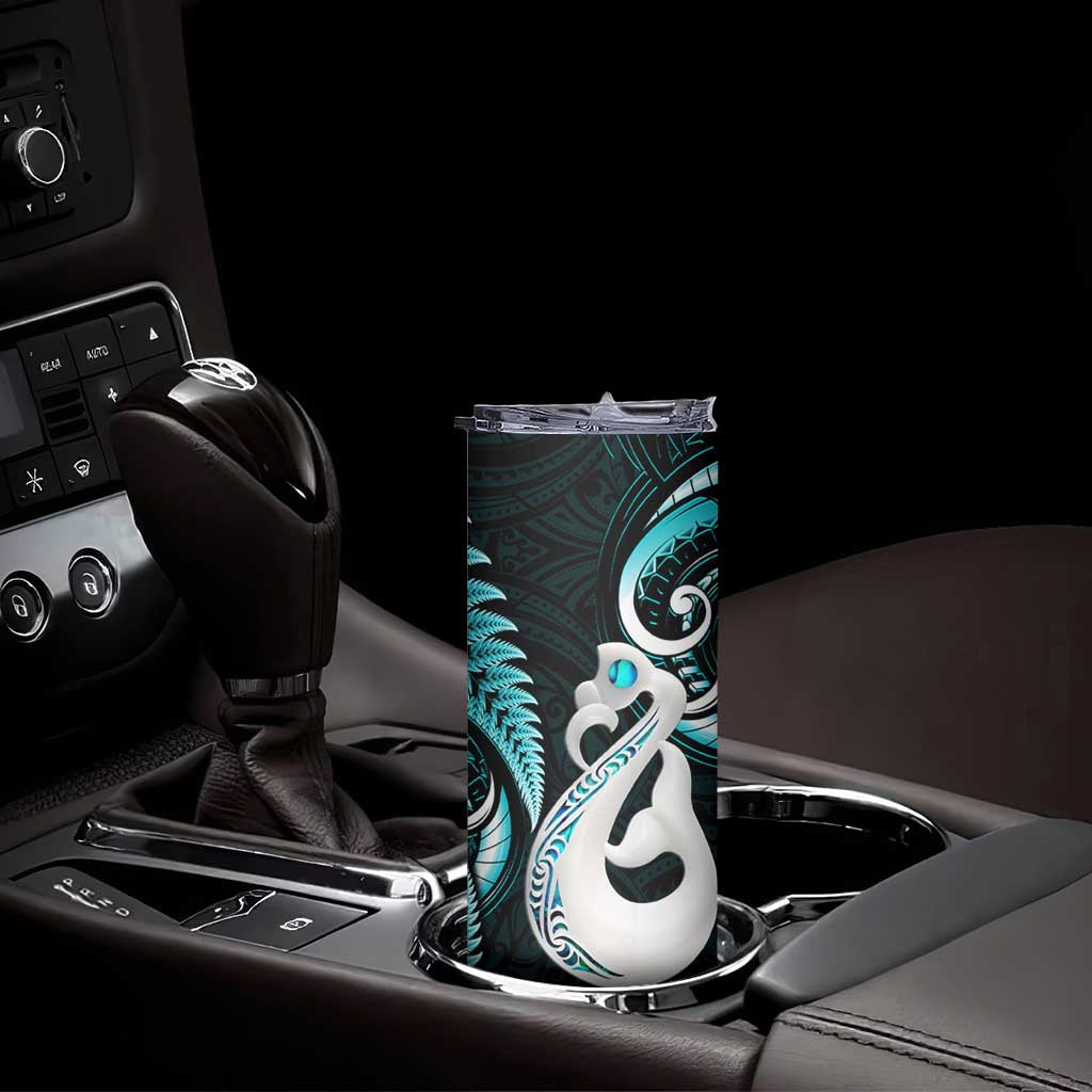 New Zealand Skinny Tumbler Aotearoa Silver Fern With Manaia Maori Unique Turquoise LT14 - Polynesian Pride