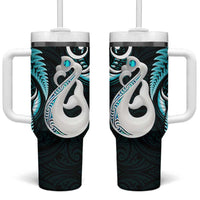 New Zealand Tumbler With Handle Aotearoa Silver Fern With Manaia Maori Unique Turquoise LT14 One Size: 40 oz Turquoise - Polynesian Pride