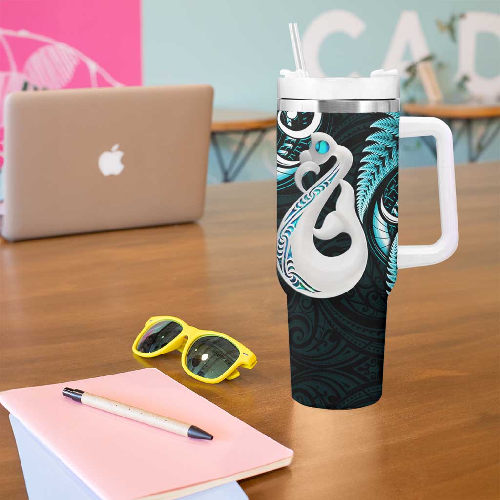 New Zealand Tumbler With Handle Aotearoa Silver Fern With Manaia Maori Unique Turquoise LT14 - Polynesian Pride