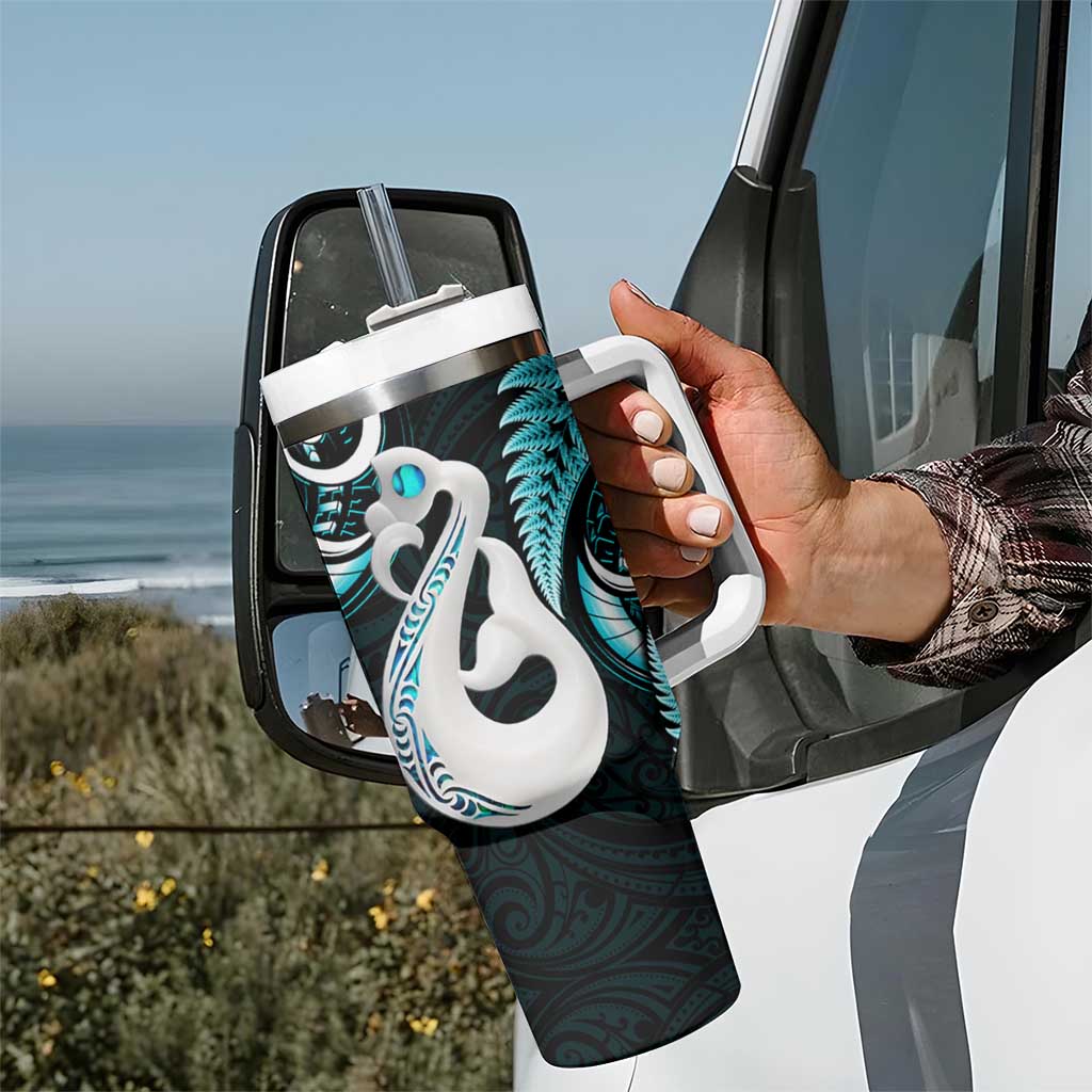 New Zealand Tumbler With Handle Aotearoa Silver Fern With Manaia Maori Unique Turquoise LT14 - Polynesian Pride