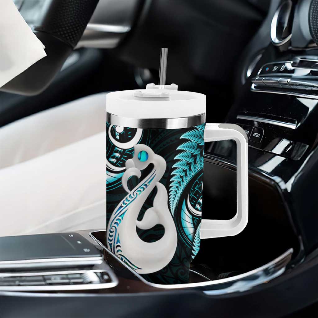 New Zealand Tumbler With Handle Aotearoa Silver Fern With Manaia Maori Unique Turquoise LT14 - Polynesian Pride