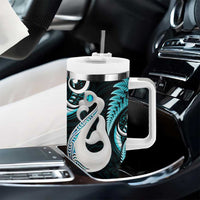 New Zealand Tumbler With Handle Aotearoa Silver Fern With Manaia Maori Unique Turquoise LT14 - Polynesian Pride
