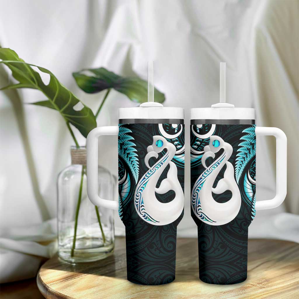 New Zealand Tumbler With Handle Aotearoa Silver Fern With Manaia Maori Unique Turquoise LT14 - Polynesian Pride