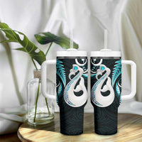 New Zealand Tumbler With Handle Aotearoa Silver Fern With Manaia Maori Unique Turquoise LT14 - Polynesian Pride