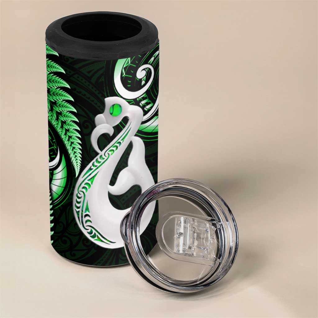 New Zealand 4 in 1 Can Cooler Tumbler Aotearoa Silver Fern With Manaia Maori Unique Green LT14 - Polynesian Pride