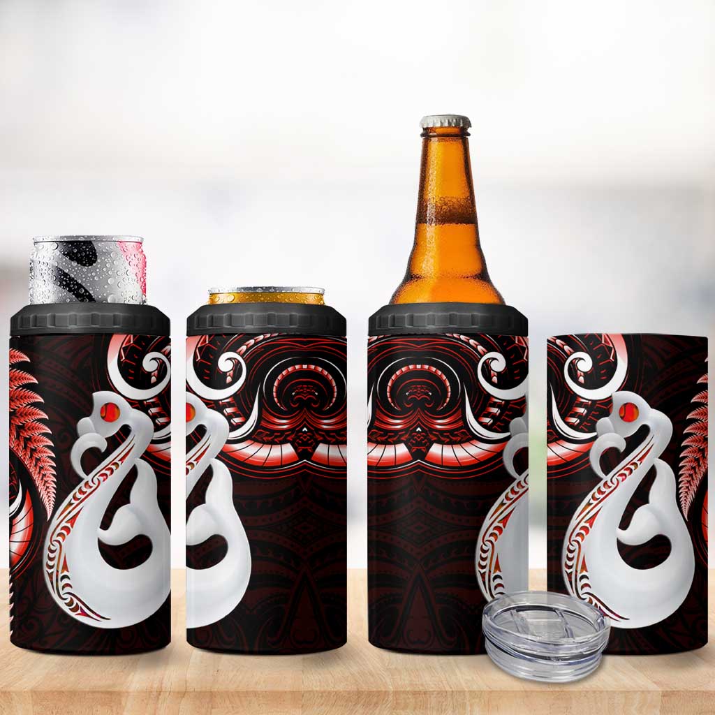 New Zealand 4 in 1 Can Cooler Tumbler Aotearoa Silver Fern With Manaia Maori Unique Red LT14 - Polynesian Pride