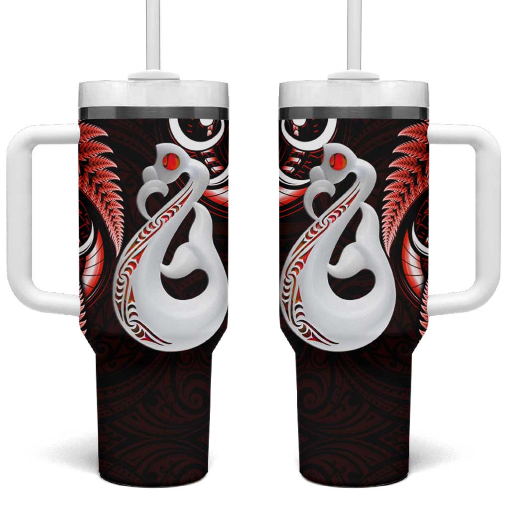 New Zealand Tumbler With Handle Aotearoa Silver Fern With Manaia Maori Unique Red LT14 One Size: 40 oz Red - Polynesian Pride