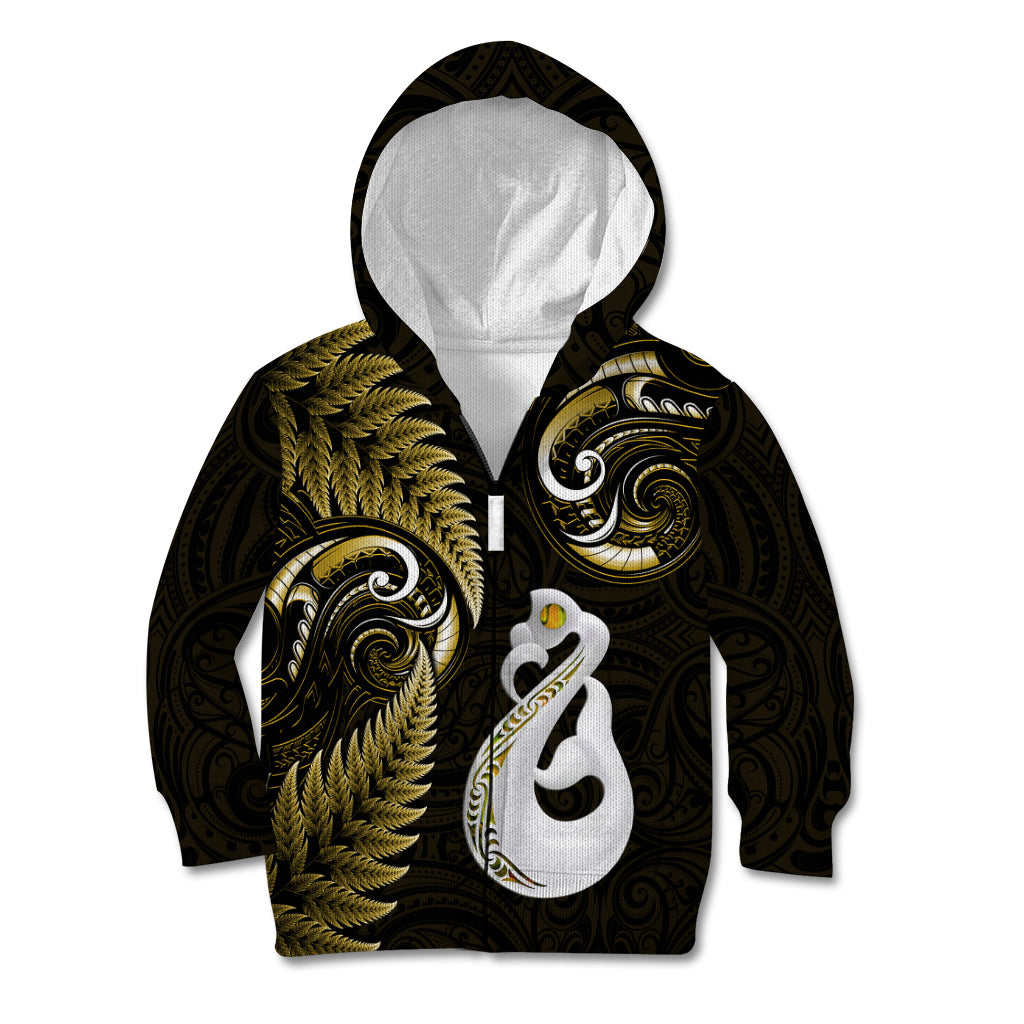 Personalised New Zealand Kid Hoodie Aotearoa Silver Fern With Manaia Maori Unique Gold LT14 Zip Hoodie Gold - Polynesian Pride