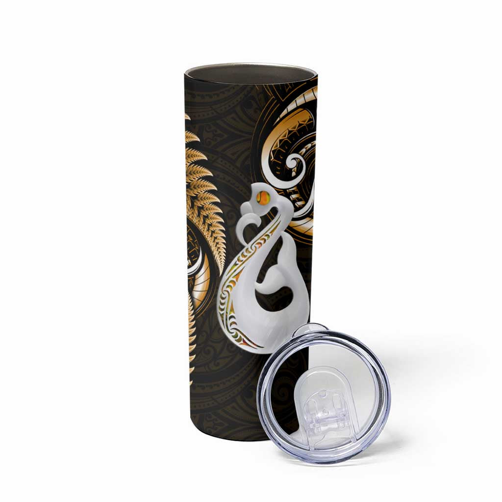 New Zealand Skinny Tumbler Aotearoa Silver Fern With Manaia Maori Unique Gold LT14 - Polynesian Pride