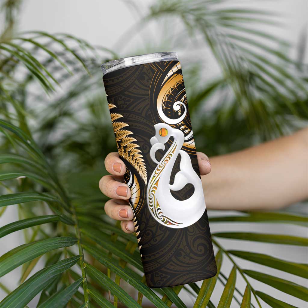 New Zealand Skinny Tumbler Aotearoa Silver Fern With Manaia Maori Unique Gold LT14 - Polynesian Pride