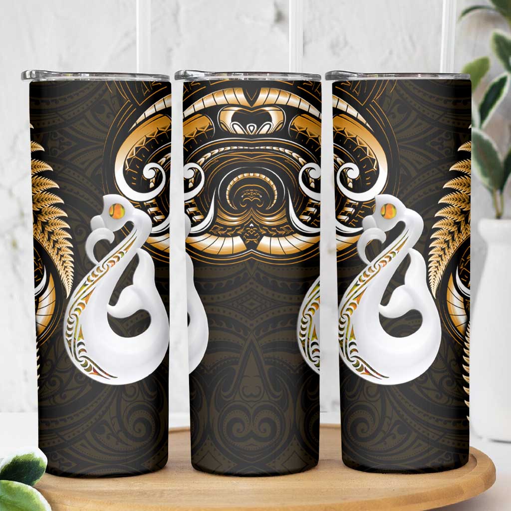 New Zealand Skinny Tumbler Aotearoa Silver Fern With Manaia Maori Unique Gold LT14 - Polynesian Pride