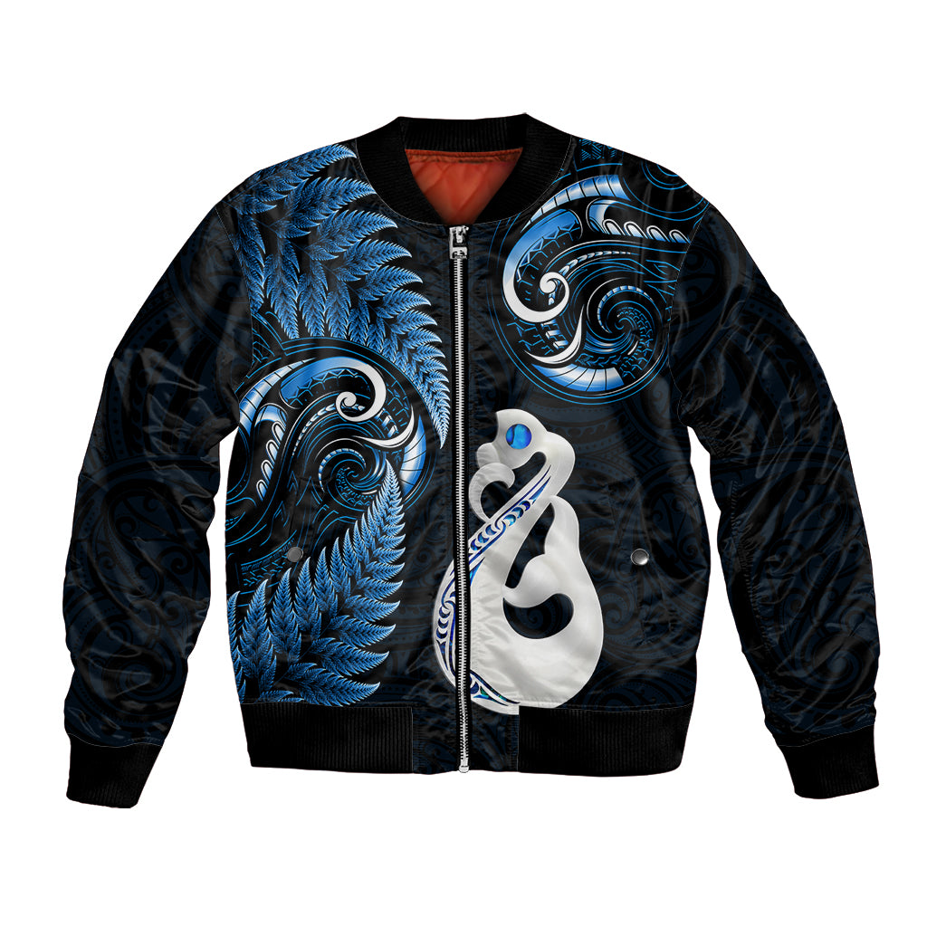 Personalised New Zealand Bomber Jacket Aotearoa Silver Fern With Manaia Maori Unique Blue LT14 Unisex Blue - Polynesian Pride