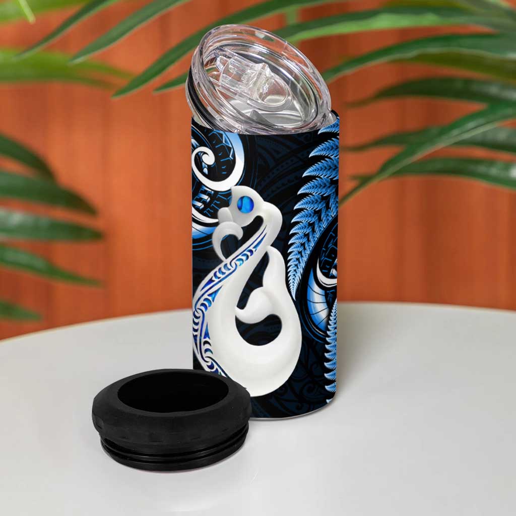 New Zealand 4 in 1 Can Cooler Tumbler Aotearoa Silver Fern With Manaia Maori Unique Blue LT14 - Polynesian Pride