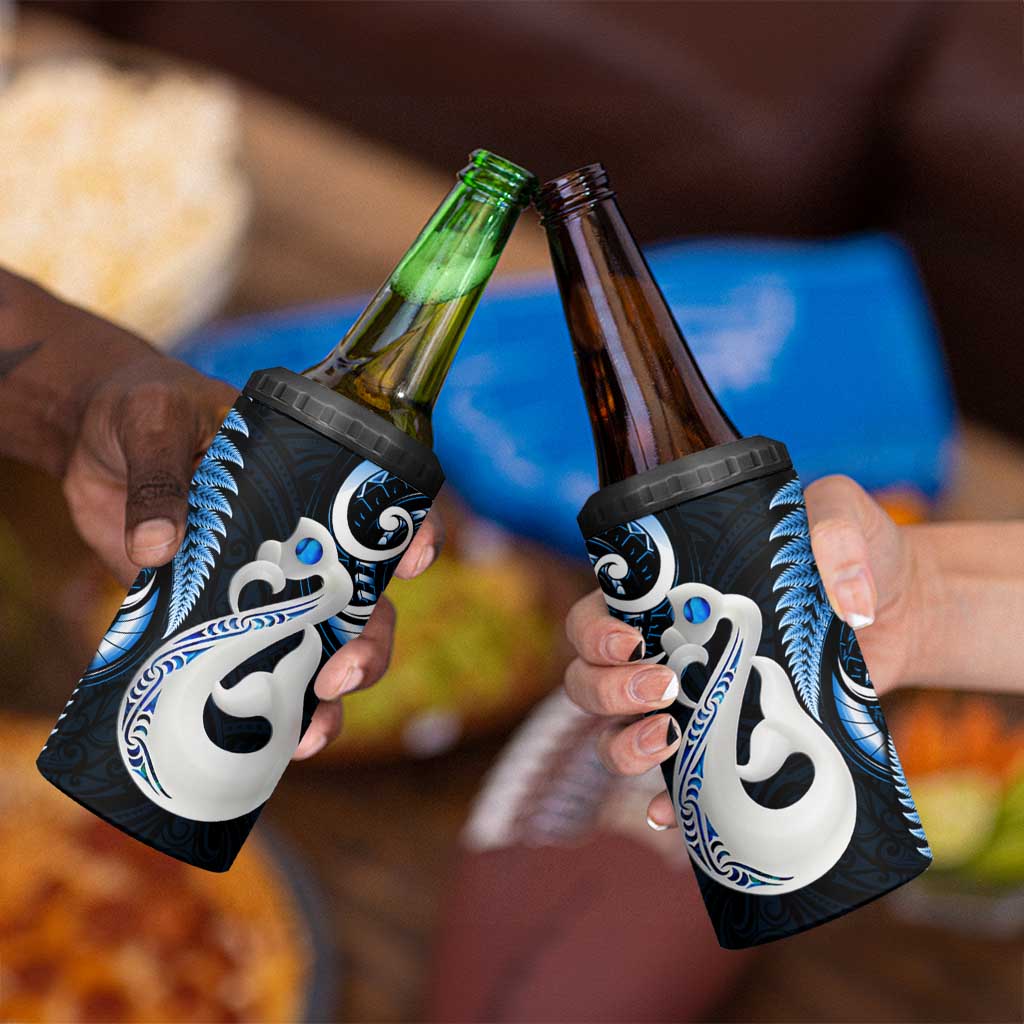 New Zealand 4 in 1 Can Cooler Tumbler Aotearoa Silver Fern With Manaia Maori Unique Blue LT14 - Polynesian Pride