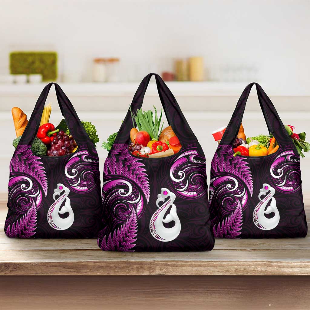 Pink New Zealand Grocery Bag Aotearoa Silver Fern With Manaia Maori LT14 3-pack One Size Pink - Polynesian Pride