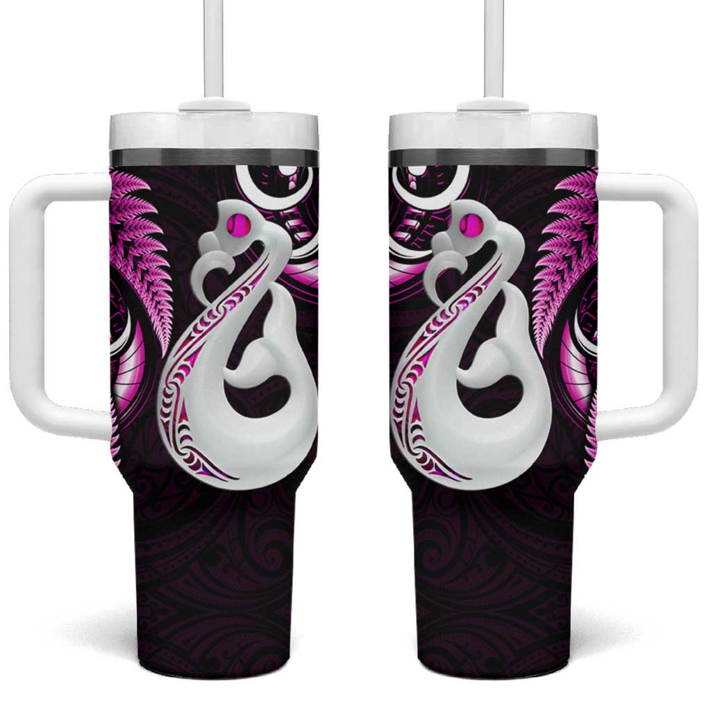 New Zealand Tumbler With Handle Aotearoa Silver Fern With Manaia Maori Unique Pink LT14 One Size: 40 oz Pink - Polynesian Pride