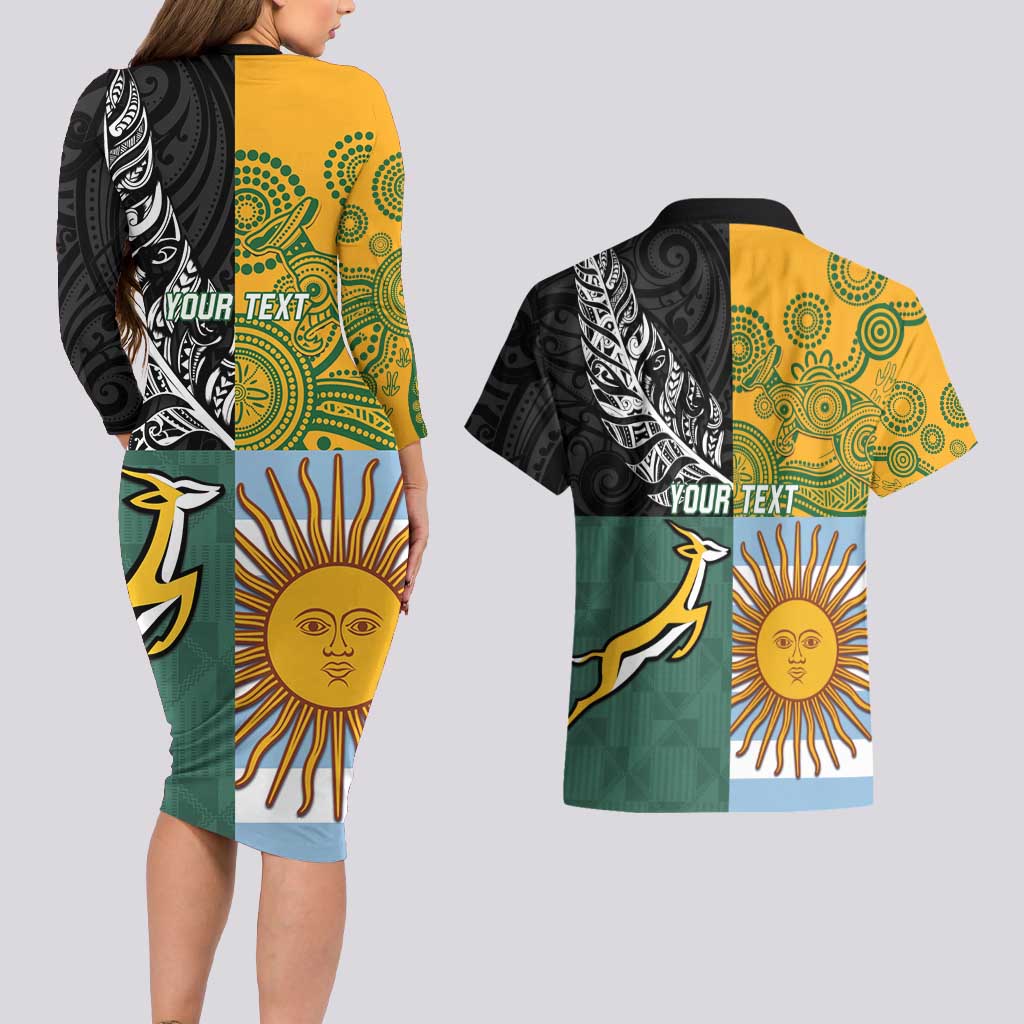 Personalised Rugby 2025 Championship Couples Matching Long Sleeve Bodycon Dress and Hawaiian Shirt Combination of Southern Hemisphere Countries LT14 - Polynesian Pride
