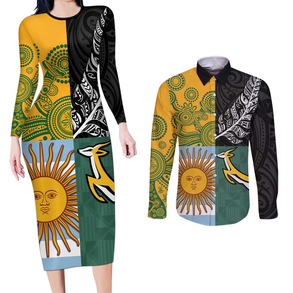 Personalised Rugby 2025 Championship Couples Matching Long Sleeve Bodycon Dress and Long Sleeve Button Shirt Combination of Southern Hemisphere Countries LT14 Black - Polynesian Pride