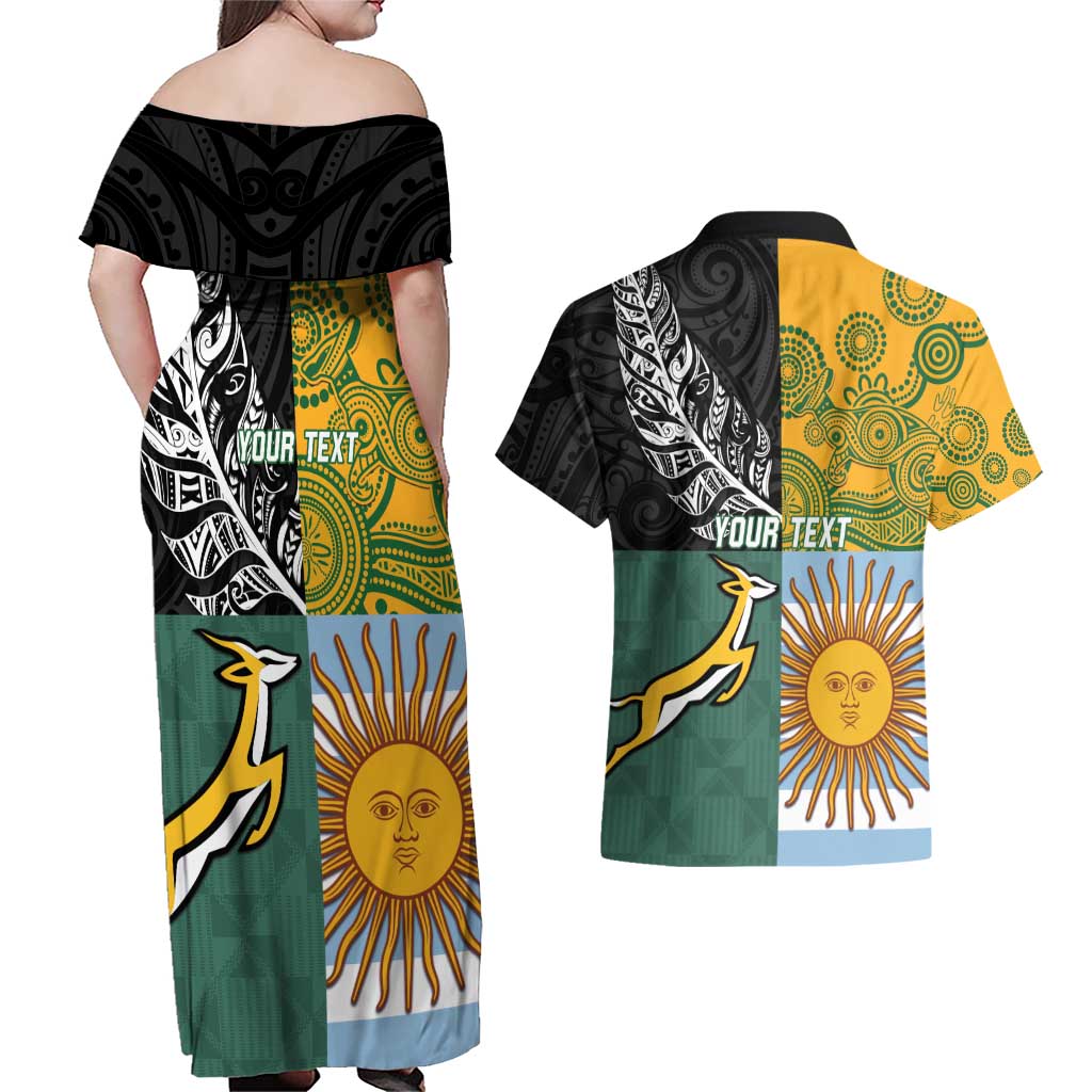 Personalised Rugby 2025 Championship Couples Matching Off Shoulder Maxi Dress and Hawaiian Shirt Combination of Southern Hemisphere Countries LT14 - Polynesian Pride