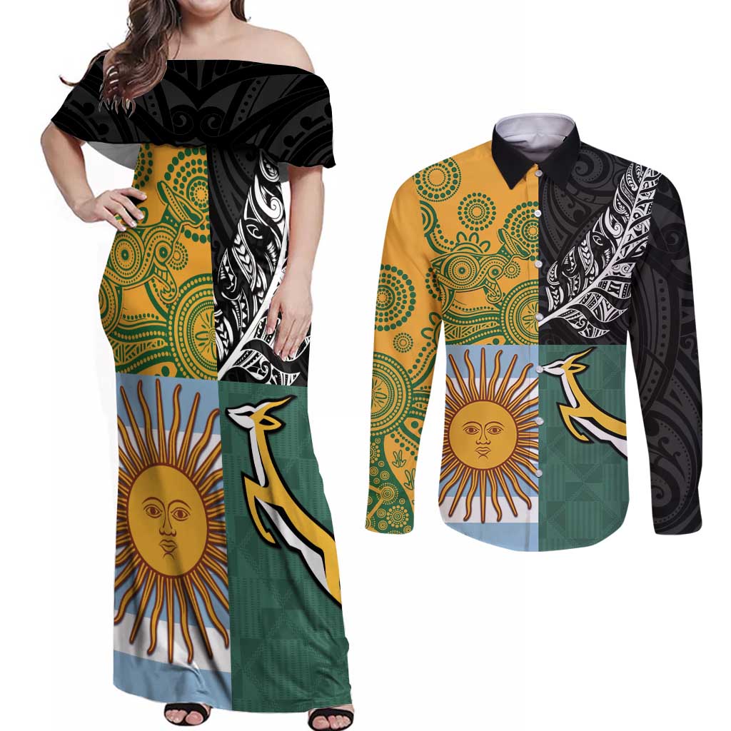 Personalised Rugby 2025 Championship Couples Matching Off Shoulder Maxi Dress and Long Sleeve Button Shirt Combination of Southern Hemisphere Countries LT14 Black - Polynesian Pride