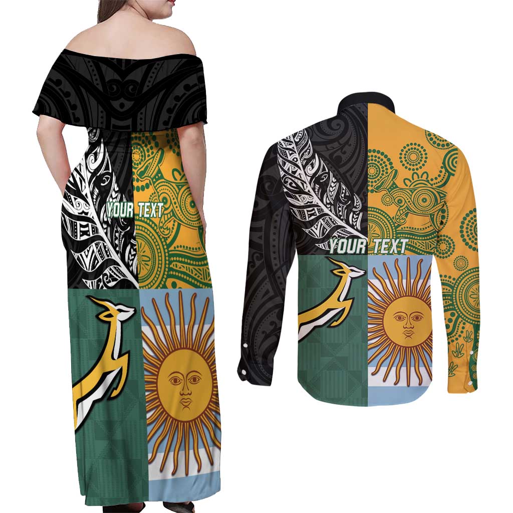 Personalised Rugby 2025 Championship Couples Matching Off Shoulder Maxi Dress and Long Sleeve Button Shirt Combination of Southern Hemisphere Countries LT14 - Polynesian Pride