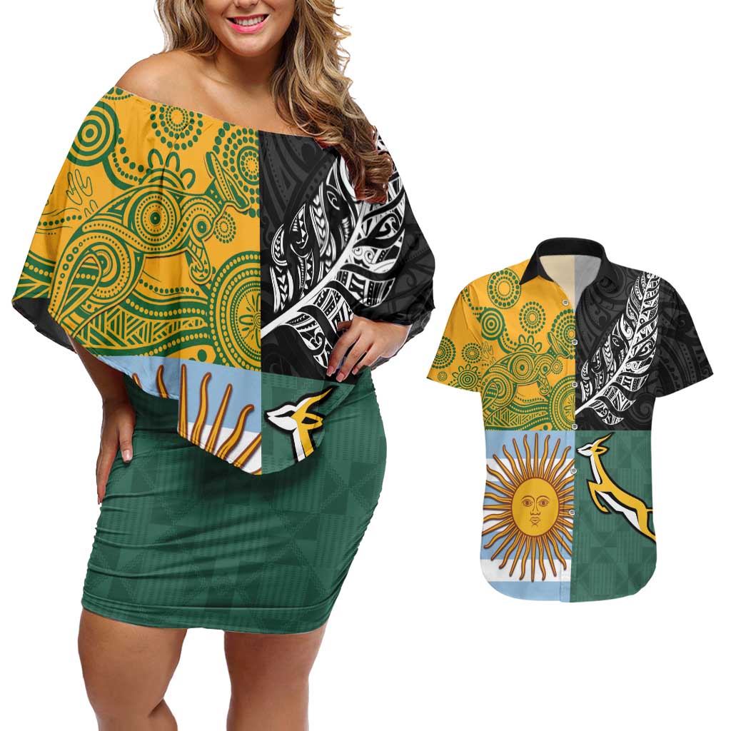 Personalised Rugby 2025 Championship Couples Matching Off Shoulder Short Dress and Hawaiian Shirt Combination of Southern Hemisphere Countries LT14 Black - Polynesian Pride