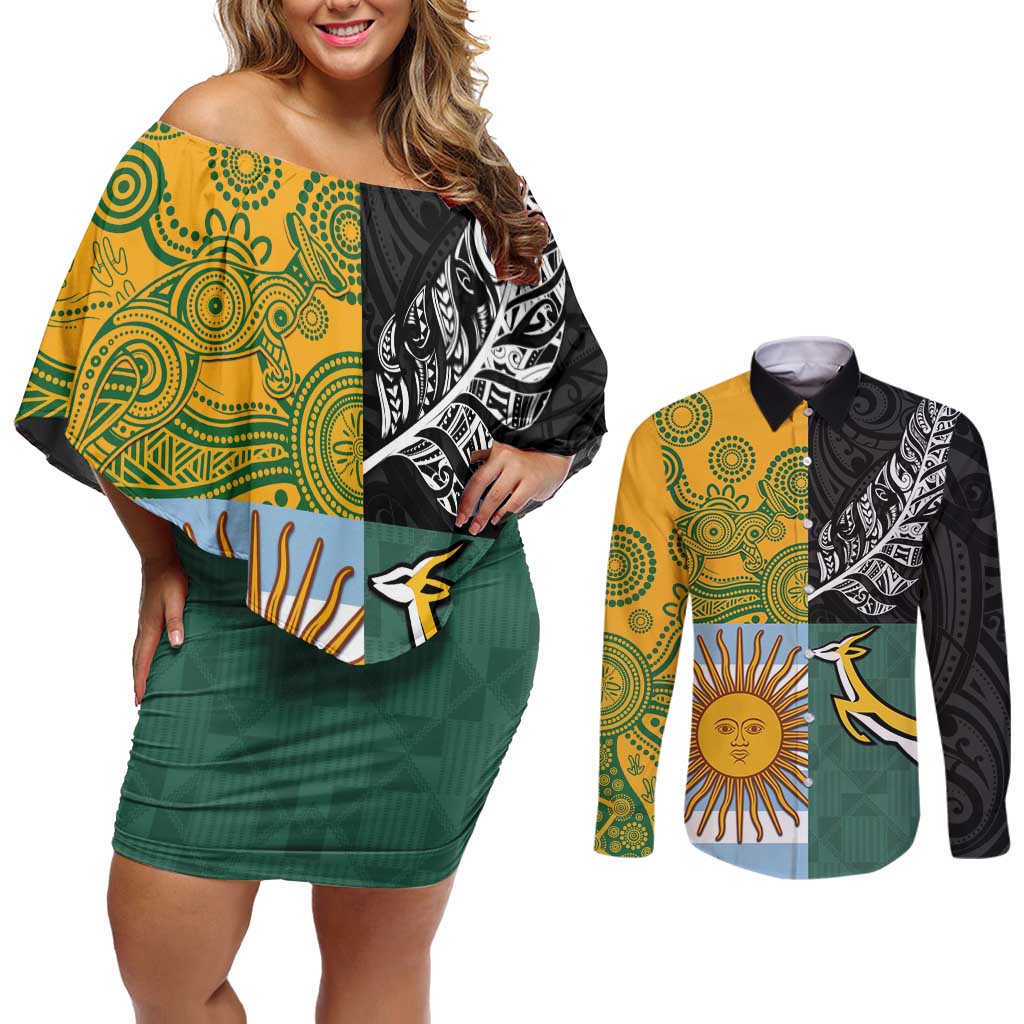 Personalised Rugby 2025 Championship Couples Matching Off Shoulder Short Dress and Long Sleeve Button Shirt Combination of Southern Hemisphere Countries LT14 Black - Polynesian Pride