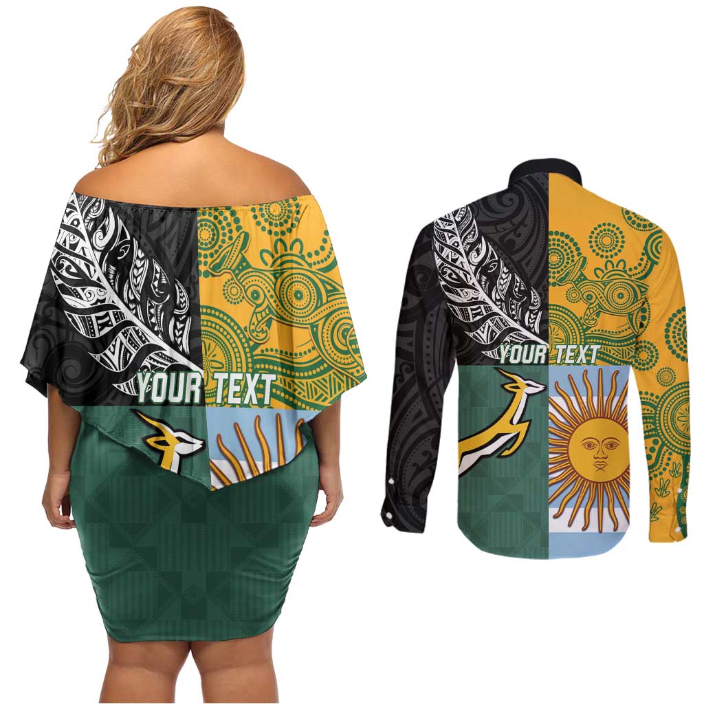 Personalised Rugby 2025 Championship Couples Matching Off Shoulder Short Dress and Long Sleeve Button Shirt Combination of Southern Hemisphere Countries LT14 - Polynesian Pride