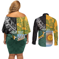 Personalised Rugby 2025 Championship Couples Matching Off Shoulder Short Dress and Long Sleeve Button Shirt Combination of Southern Hemisphere Countries LT14 - Polynesian Pride