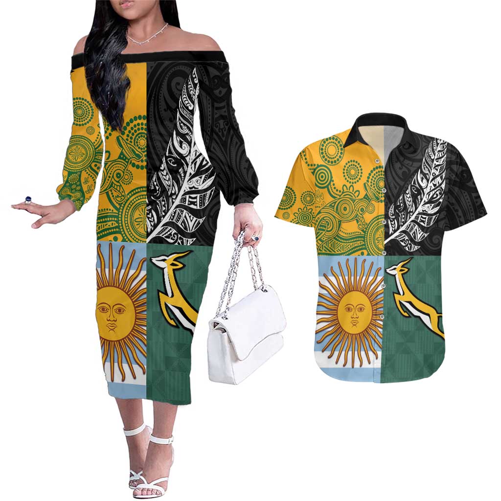 Personalised Rugby 2025 Championship Couples Matching Off The Shoulder Long Sleeve Dress and Hawaiian Shirt Combination of Southern Hemisphere Countries LT14 Black - Polynesian Pride