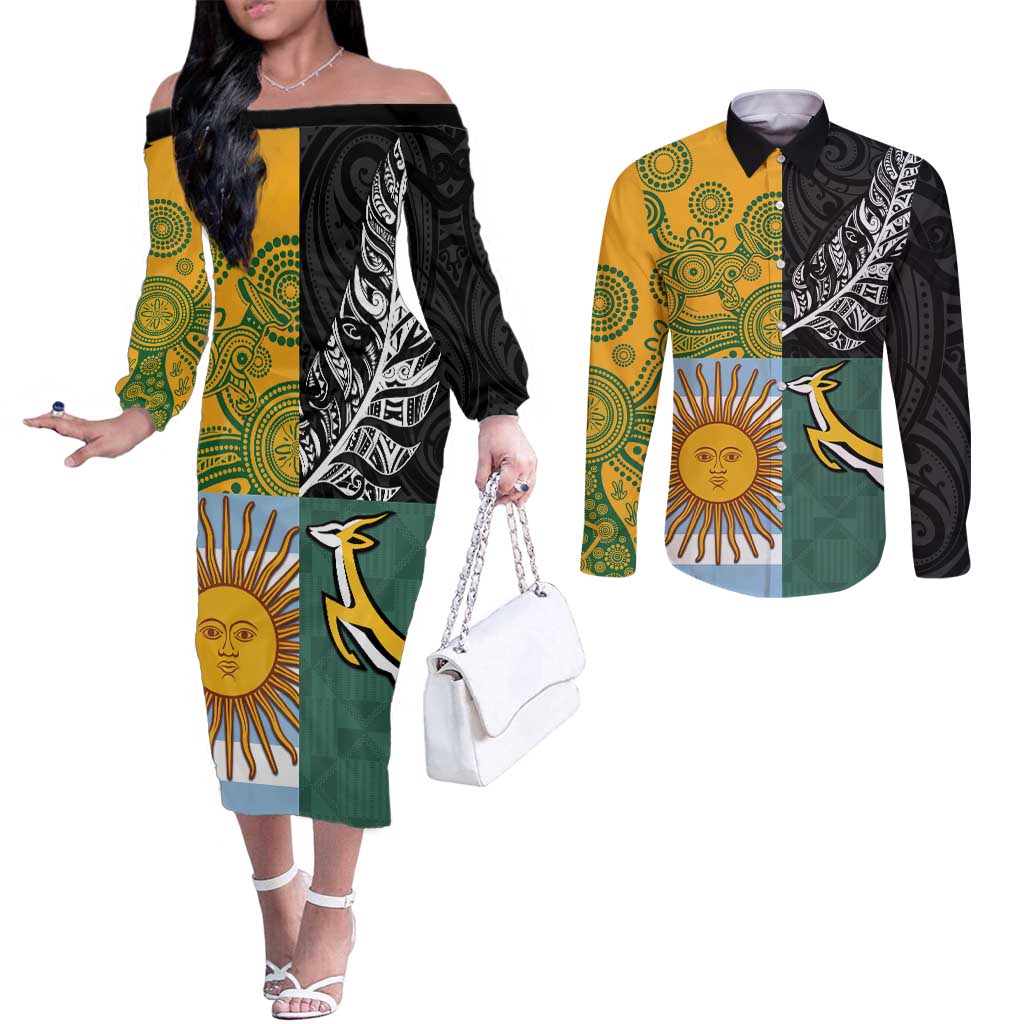 Personalised Rugby 2025 Championship Couples Matching Off The Shoulder Long Sleeve Dress and Long Sleeve Button Shirt Combination of Southern Hemisphere Countries LT14 Black - Polynesian Pride