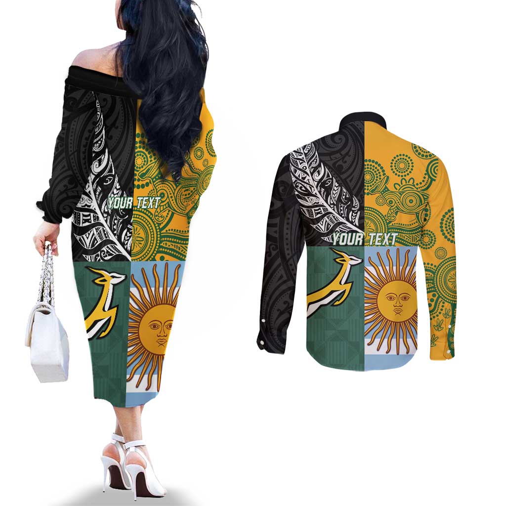 Personalised Rugby 2025 Championship Couples Matching Off The Shoulder Long Sleeve Dress and Long Sleeve Button Shirt Combination of Southern Hemisphere Countries LT14 - Polynesian Pride