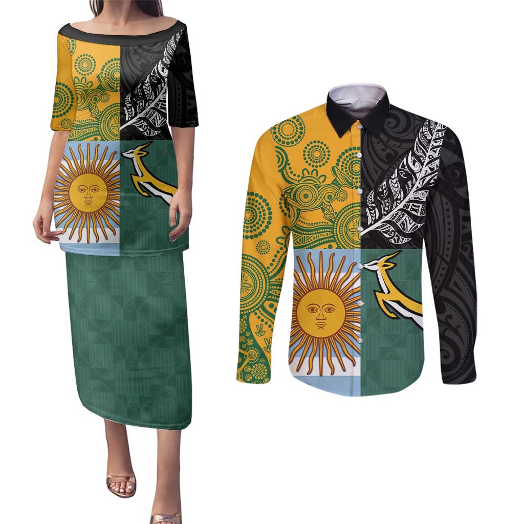 Personalised Rugby 2025 Championship Couples Matching Puletasi and Long Sleeve Button Shirt Combination of Southern Hemisphere Countries LT14 Black - Polynesian Pride