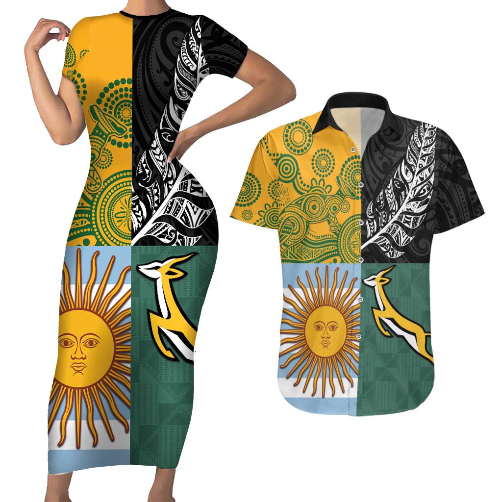 Personalised Rugby 2025 Championship Couples Matching Short Sleeve Bodycon Dress and Hawaiian Shirt Combination of Southern Hemisphere Countries LT14 Black - Polynesian Pride
