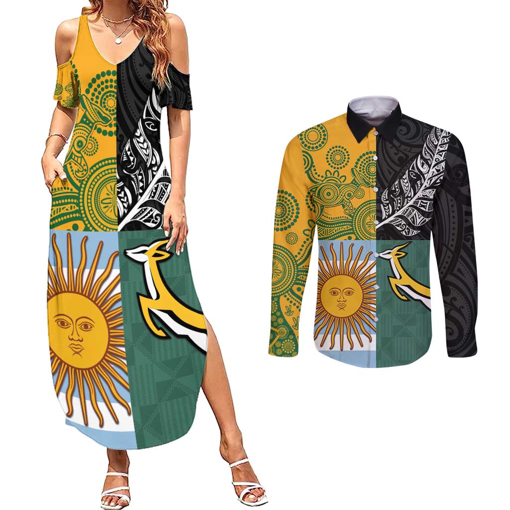 Personalised Rugby 2025 Championship Couples Matching Summer Maxi Dress and Long Sleeve Button Shirt Combination of Southern Hemisphere Countries LT14 Black - Polynesian Pride